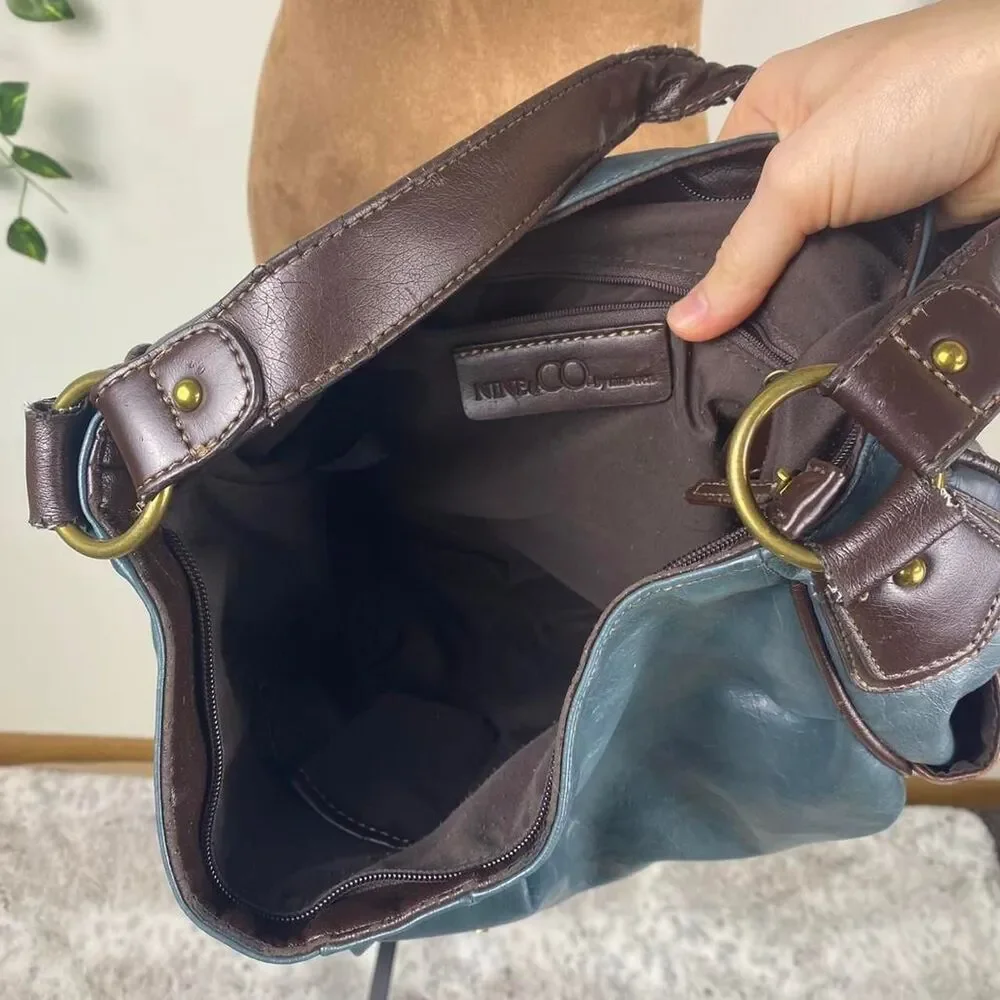 Nine &co by Nine West leather slouchy hobo bag teal brown fairy grunge indie y2k